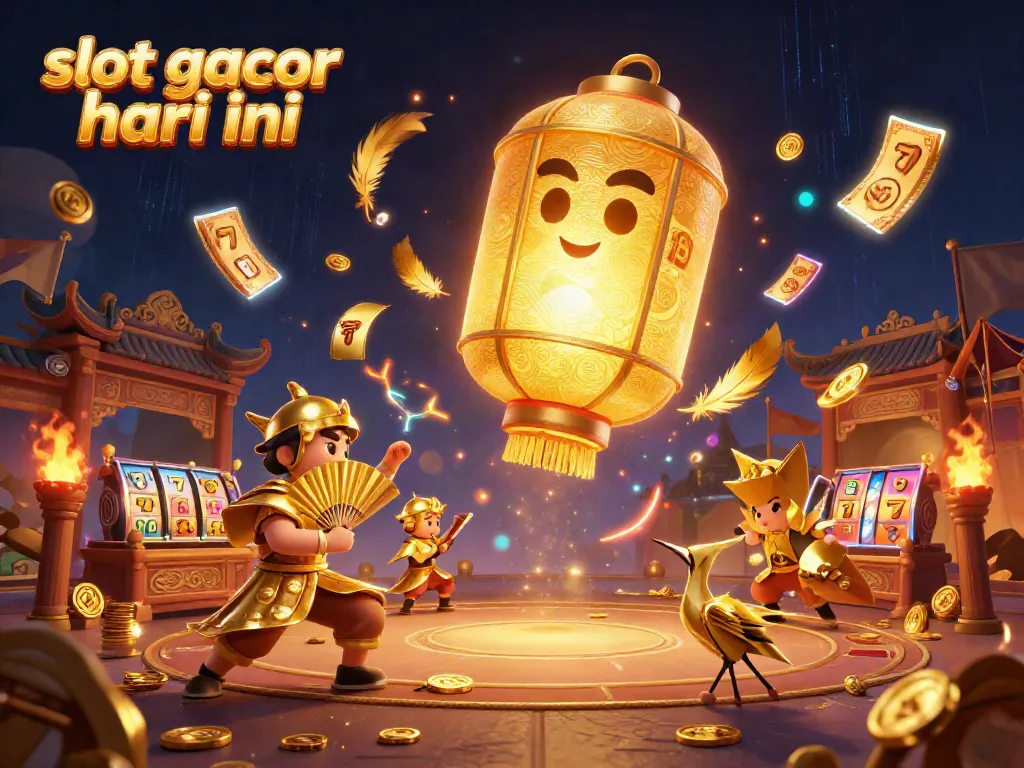 Ilustrasi slot gacor hari ini dengan karakter bercahaya dan elemen kasino di malam hari.
