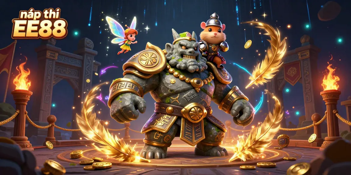Experience the excitement of nạp tiền EE88 with a 3D golem and magic elements in a dynamic casino scene.