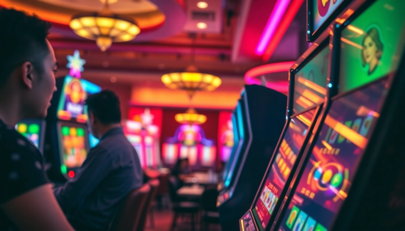 Engaging players in a vibrant casino showcasing singapore online casino free credit opportunities through colorful slot machines.
