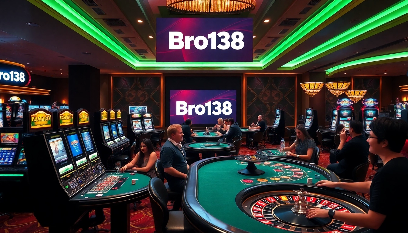 Bro138 gaming experience with excited players enjoying luxurious slot machines and poker tables.