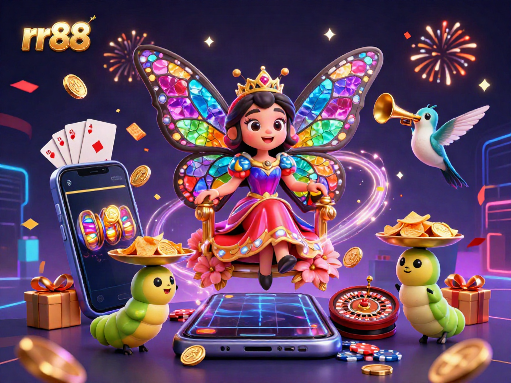 Create winning strategies with rr88 through a vibrant 3D illustration capturing a butterfly queen and immersive casino elements.