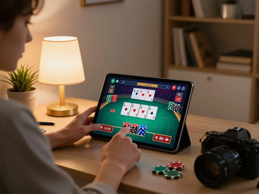 Engage with king33 online poker from the comfort of home, showcasing a player strategizing on a tablet.
