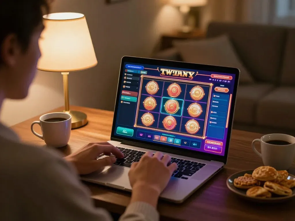 Player engaging with TR88 slot games at home, showcasing online casino experience