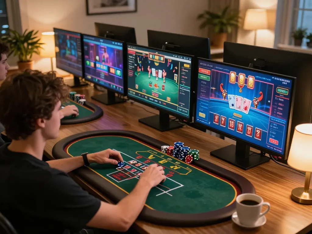 Energileisureparks player engaged in online casino gaming, showcasing dynamic screens and cozy setup