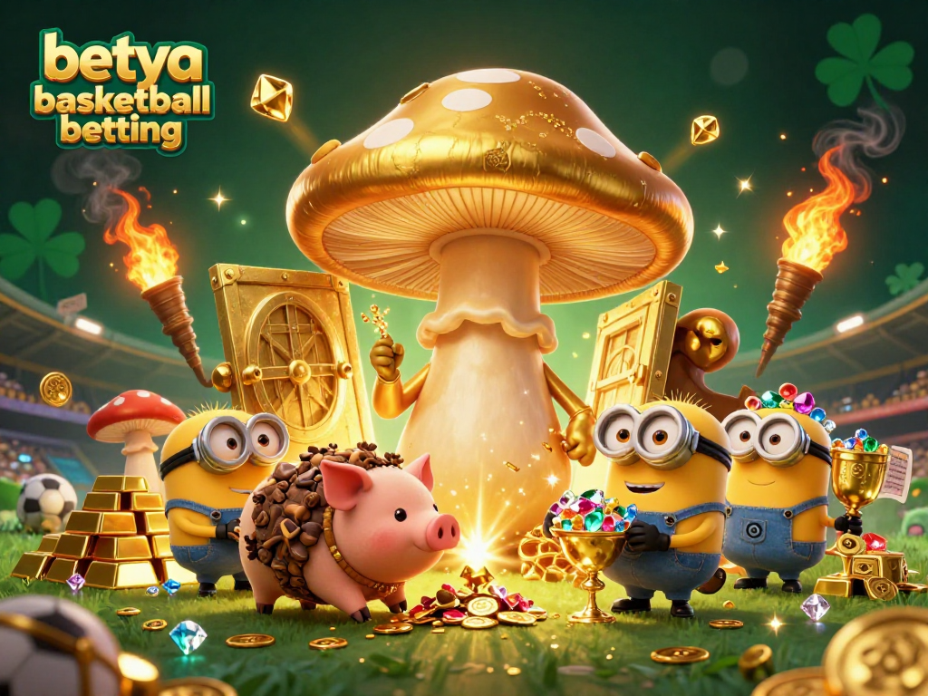 Betya basketball betting scene featuring a golden mushroom wizard and sports elements in dynamic chaos.