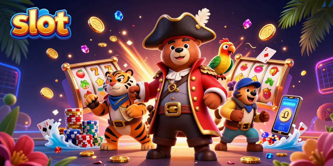 Play slots with golden coins and vibrant characters in a thrilling 3D casino scene.