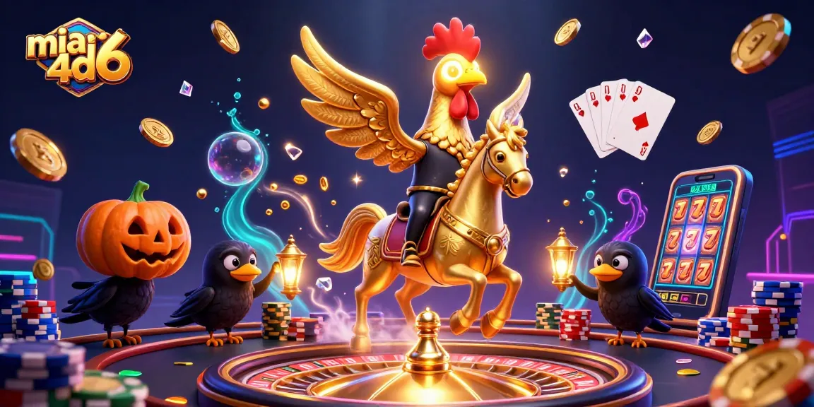 Engage with miami4d6's vibrant casino scene featuring a golden rooster and lively gaming elements.