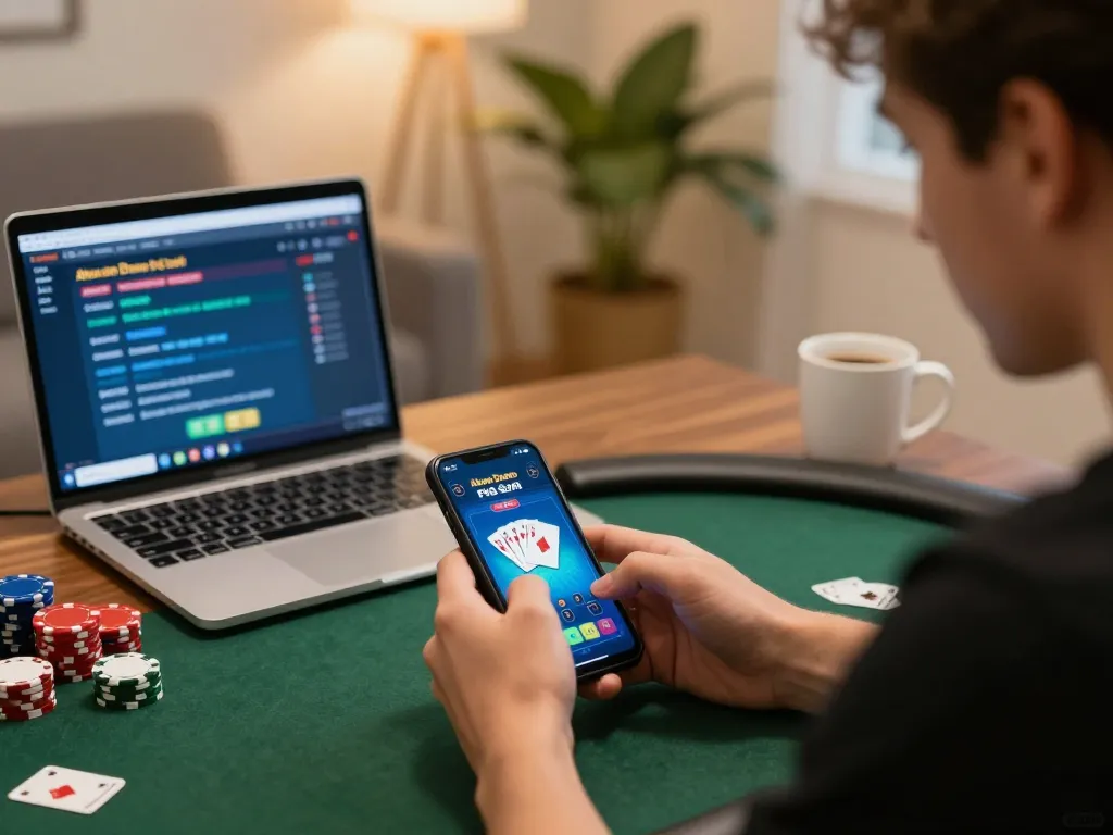Akun Demo PG Soft adegan permainan poker menunjukkan pemain yang fokus pada smartphone, menciptakan pengalaman bermain game online yang menarik.