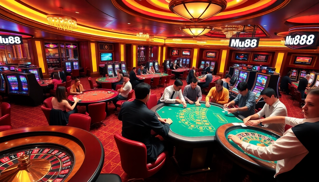 Mu88 casino guests enjoying their experience at poker tables and slot machines.