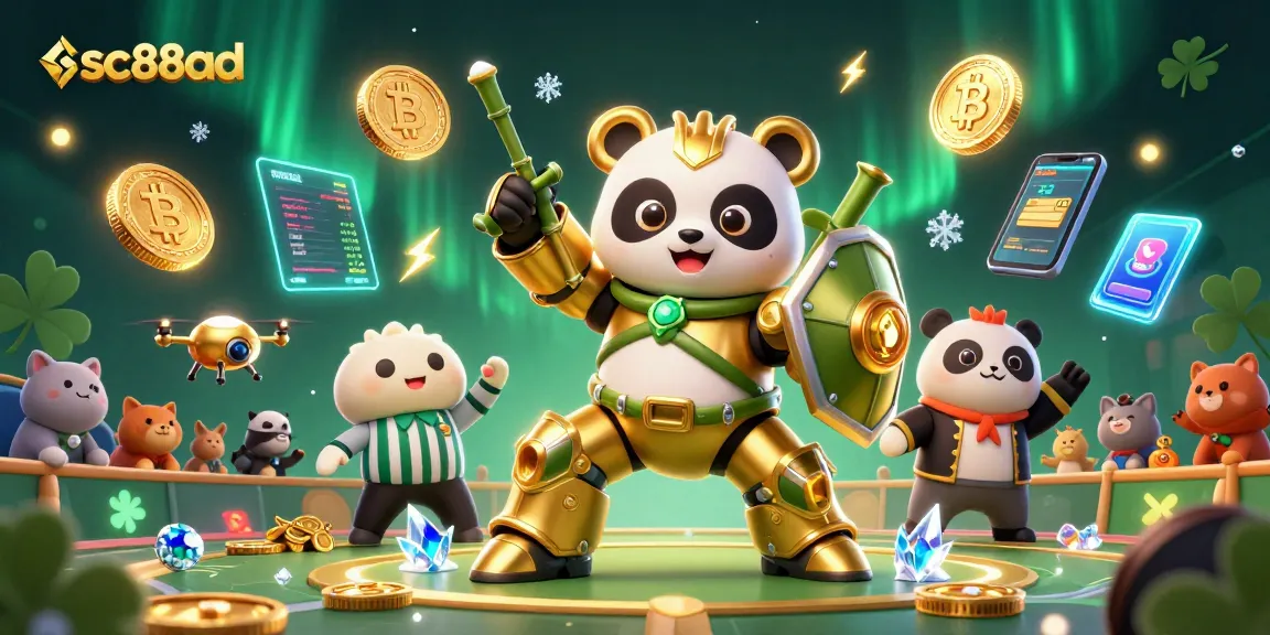 Engage with thrilling gameplay at sc88ad, showcasing golden panda in mech-suit battling amidst vibrant casino elements.