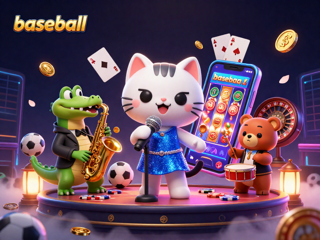 Engaging baseball scene with a jazz-singer cat, crocodile, and bear cub amidst dynamic casino elements.