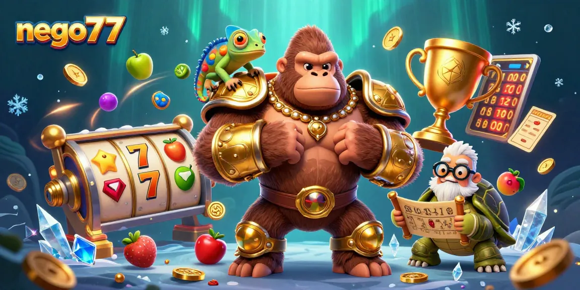 Nego77 offers an exciting scene showcasing a powerful gorilla king with slot reels and jackpots.