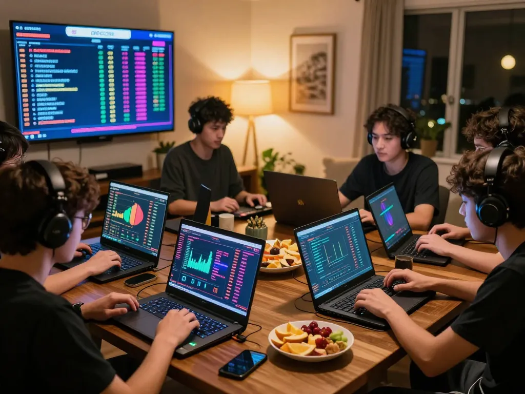IDNSCORE players competing in an exciting online tournament with laptops and snacks in a cozy environment