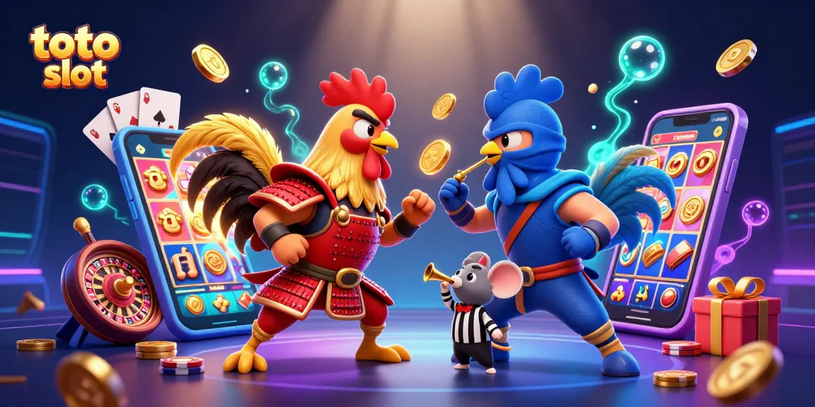 Experience exciting toto slot action with fighting roosters in a dynamic 3D casino scene filled with games.