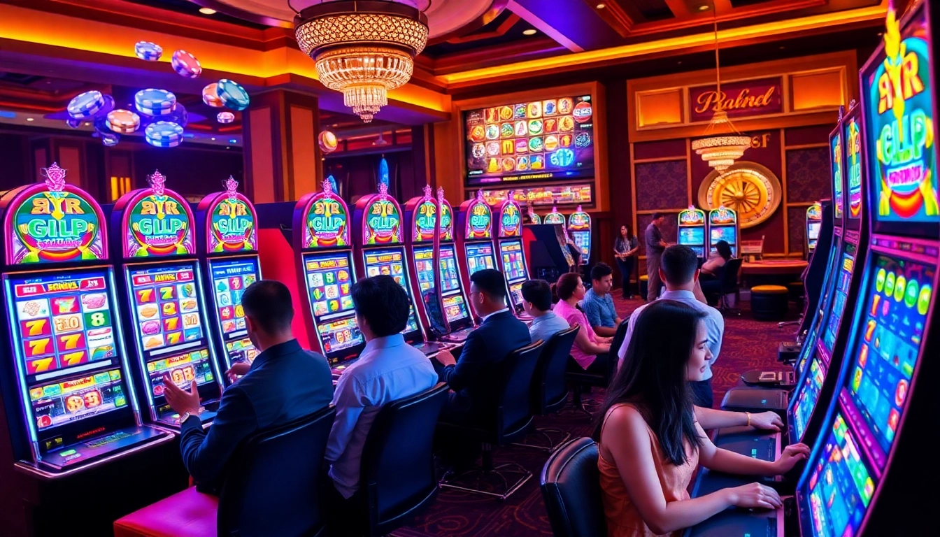 Engaged players enjoying PG Slots 6FF in an exciting casino atmosphere with dazzling slot machines.