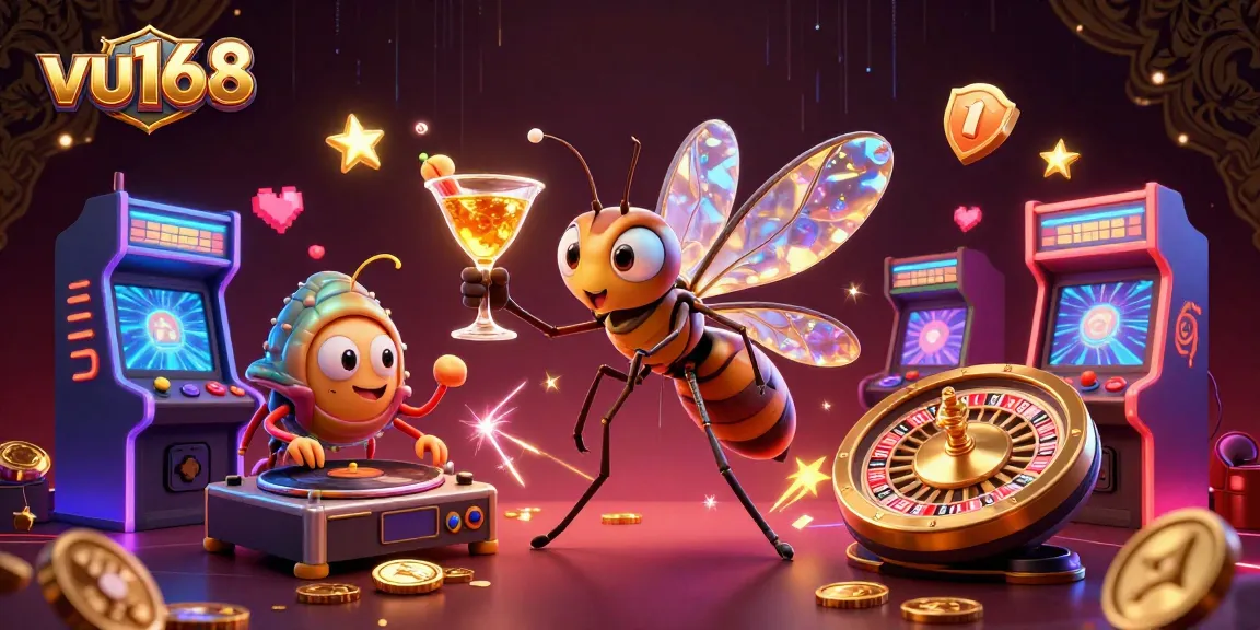 Engage with vu168's vibrant casino world through a dynamic 3D illustration featuring gambling characters and gaming elements.
