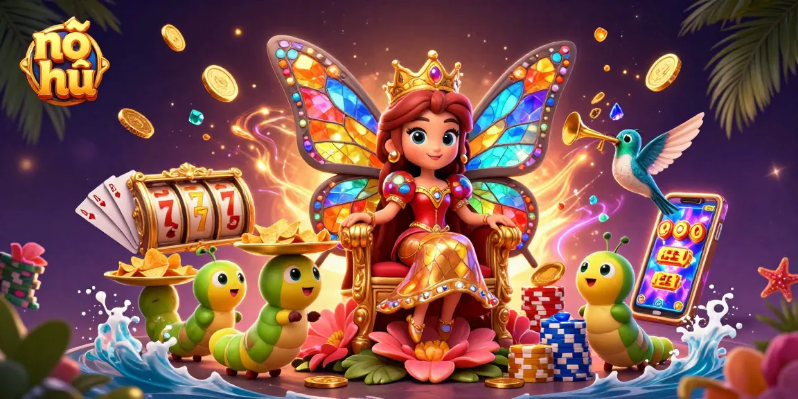 Engage with thrilling nổ hũ slots in a vibrant 3D casino scene featuring a butterfly queen.