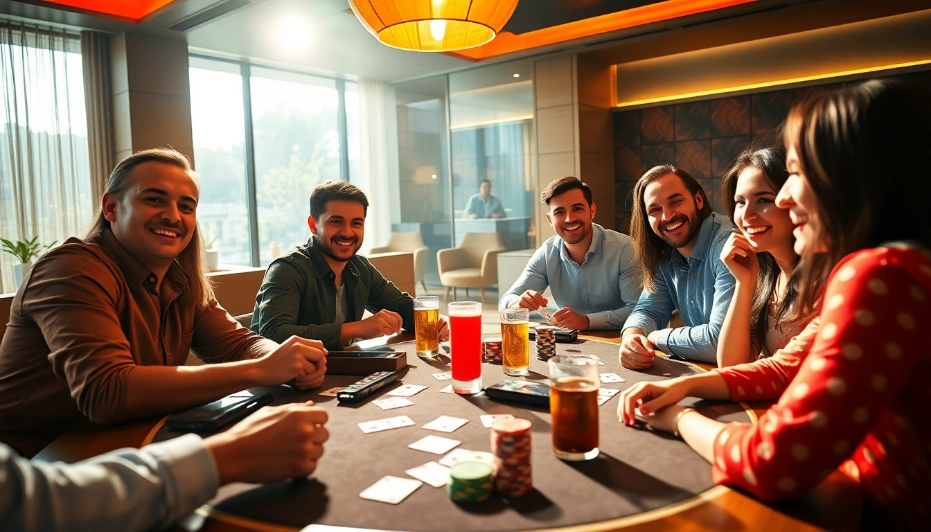 Friends enjoying Rummy 91 game with cards and chips, capturing excitement and camaraderie.