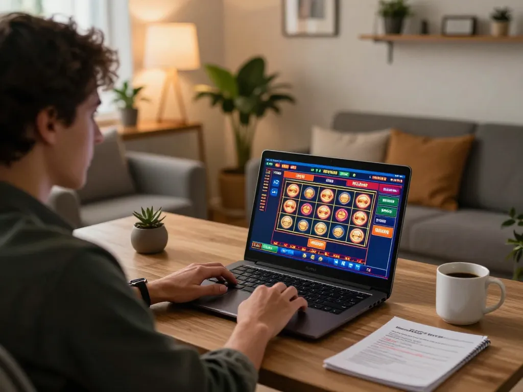 Engaging online casino session at home using w188 com, player immersed in vibrant gaming action.