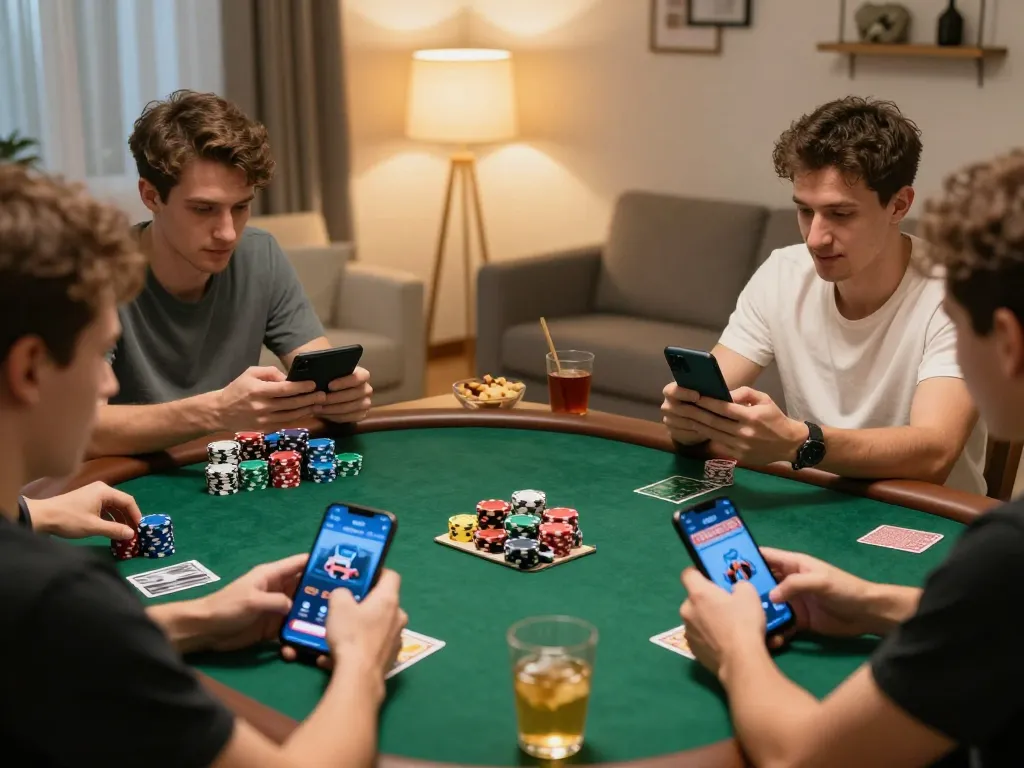 TG88 players enjoying an engaging online poker game at home, focused on their smartphones.
