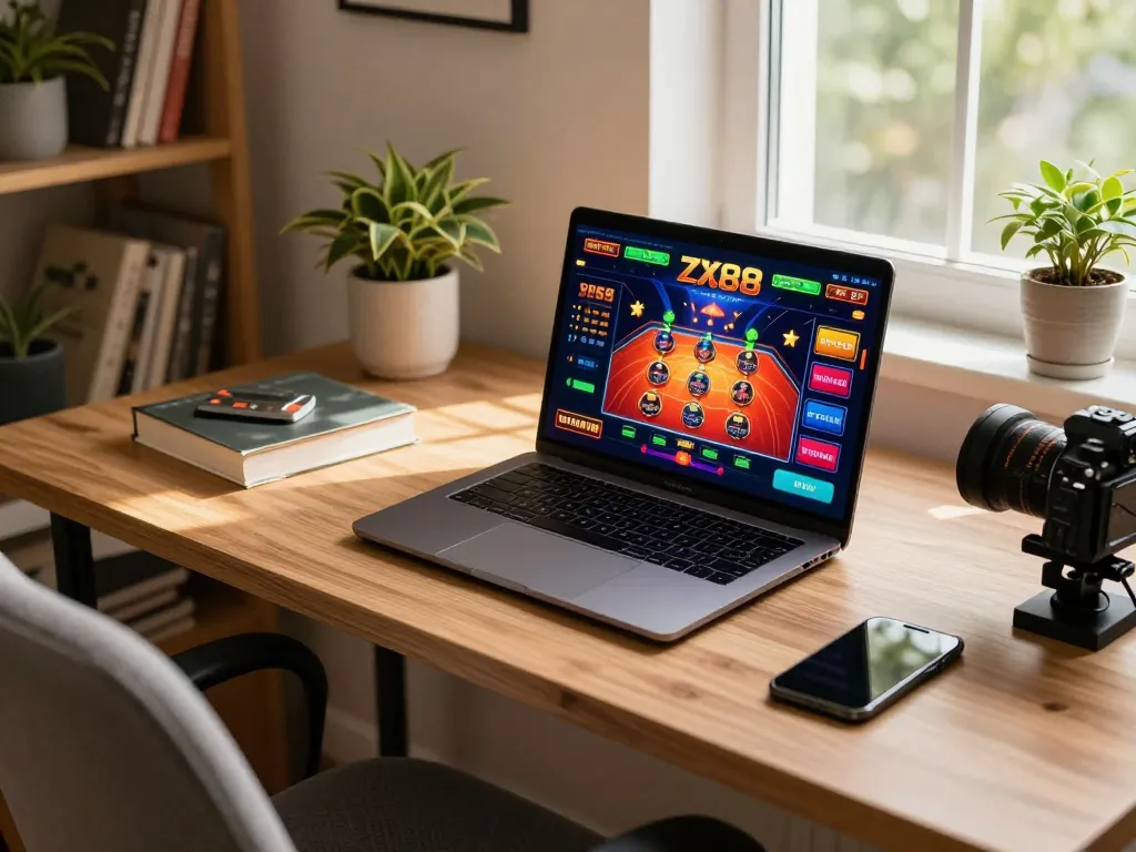 Engaging with zx88 online casino on a sleek laptop at a cozy home setup, highlighting modern gaming.