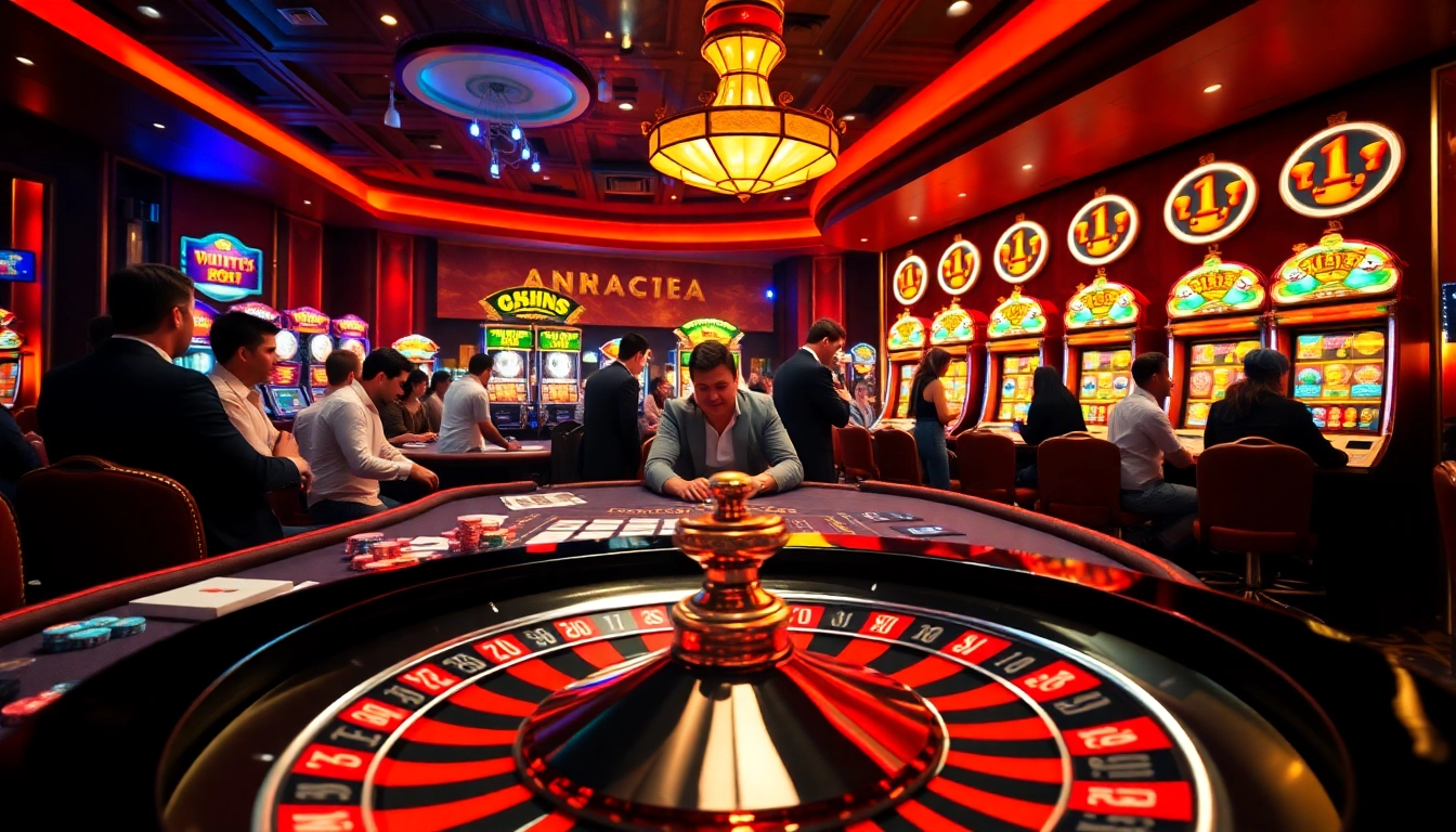 Experience the thrill of live gaming at https://mm88.press/, featuring poker chips, vibrant casino tables, and a roulette wheel.