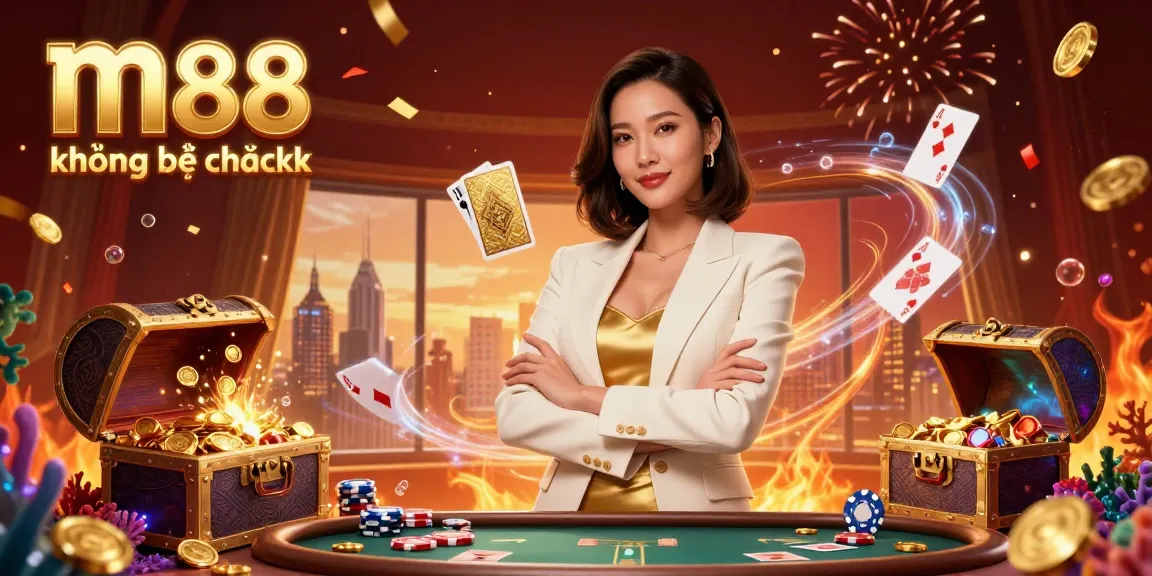 Trải nghiệm trò chơi hấp dẫn tại m88 không bị chặn với một quý cô thanh lịch trình diễn các lá bài thắng.