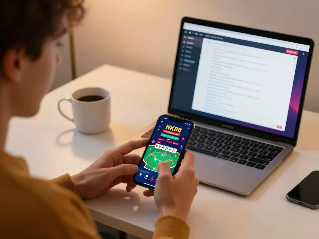 Engaged player at NK88 online casino app, enjoying a live poker game.