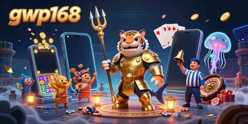 GWP168 menghadirkan ilustrasi slot kasino dengan hiu kartun ganas dan elemen permainan.