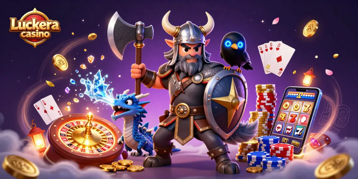 Experience the excitement at Luckera casino with a Viking wolf warrior and fierce dragon amidst casino treasures.