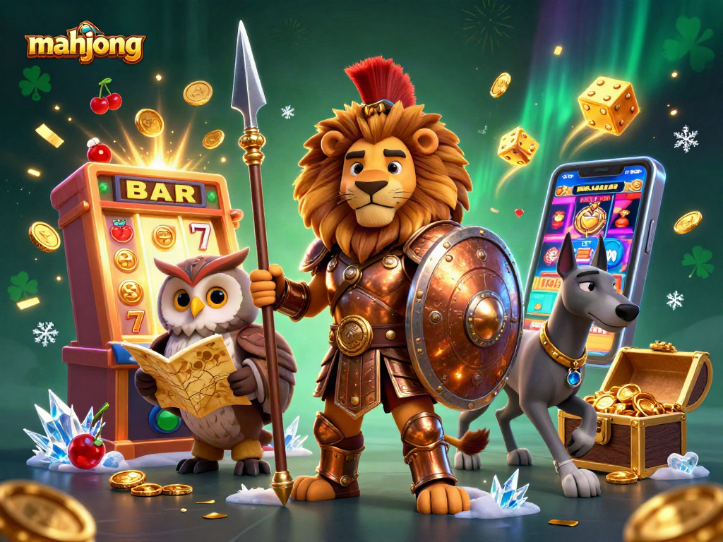 Play mahjong with a vibrant scene featuring animated characters and exciting casino elements.