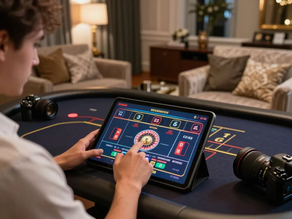 Player engaging in online casino gameplay on a tablet showcasing dh88 roulette game interface in a stylish home office.