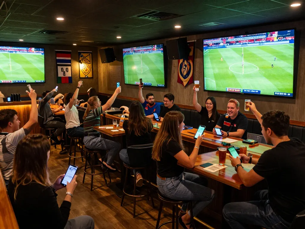 Fans engaging in kèo nhà cái hôm nay while cheering for their teams at a lively sports bar event
