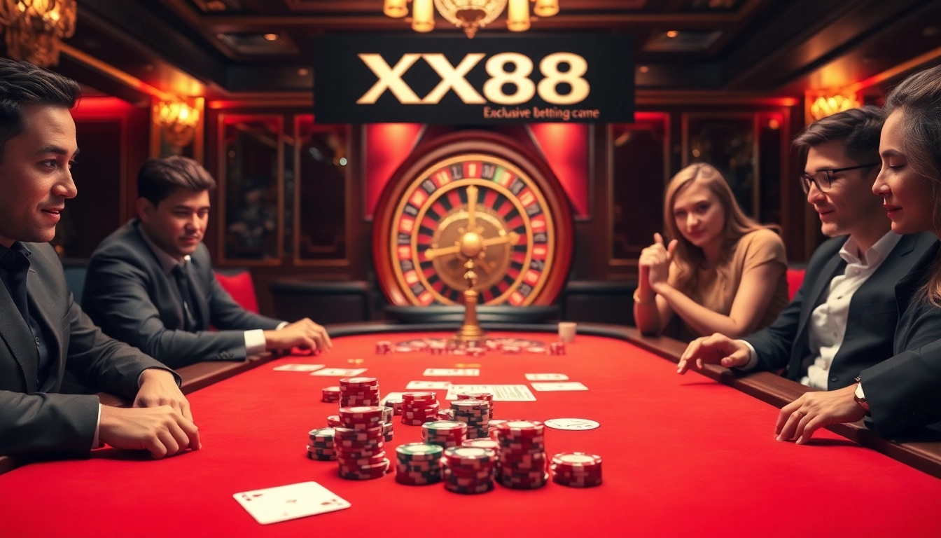 Engaging poker action at XX88 casino with vibrant chips and intense player focus.