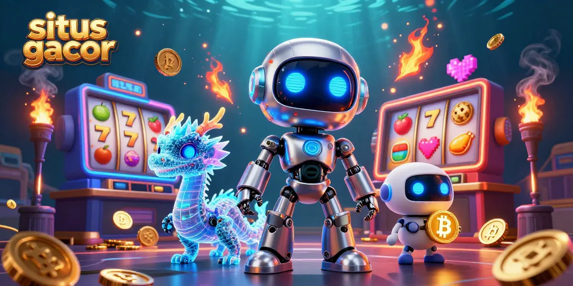 Situs gacor slot game illustration showing a cyberpunk robot and AI dragon amidst dynamic casino game elements