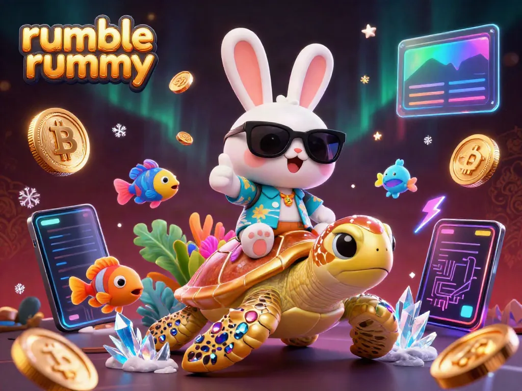 Experience rumble rummy as a lucky rabbit rides a golden turtle amidst vibrant crypto elements.