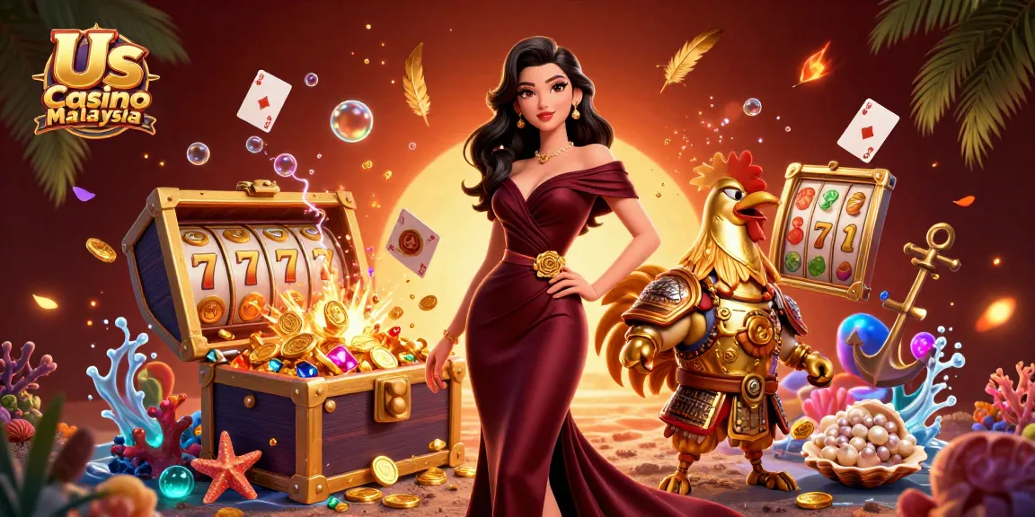 Experience the vibrant world of Us Casino Malaysia with a glamorous woman and a golden rooster warrior among dynamic gaming elements.