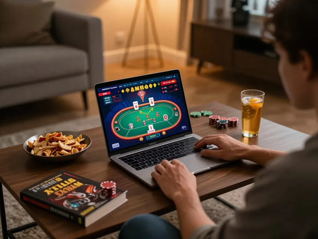Player engaged in online poker session at home, showcasing z16 laptop with vibrant casino display and strategic elements.