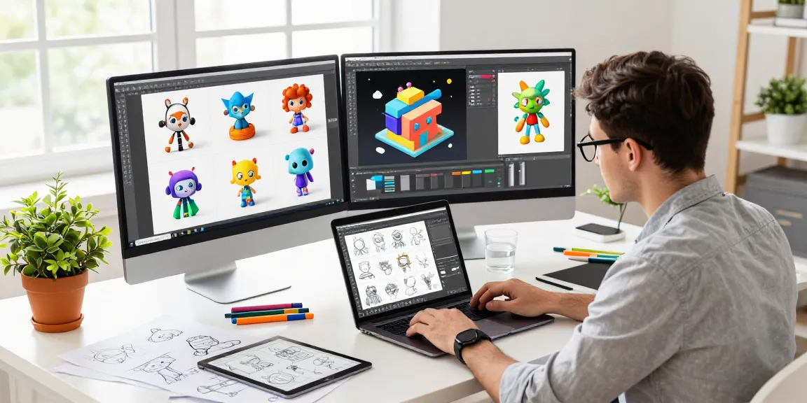 Ruang kerja desain 3D di https://miami4d.com/ dengan kreator yang sedang merancang model 3D.