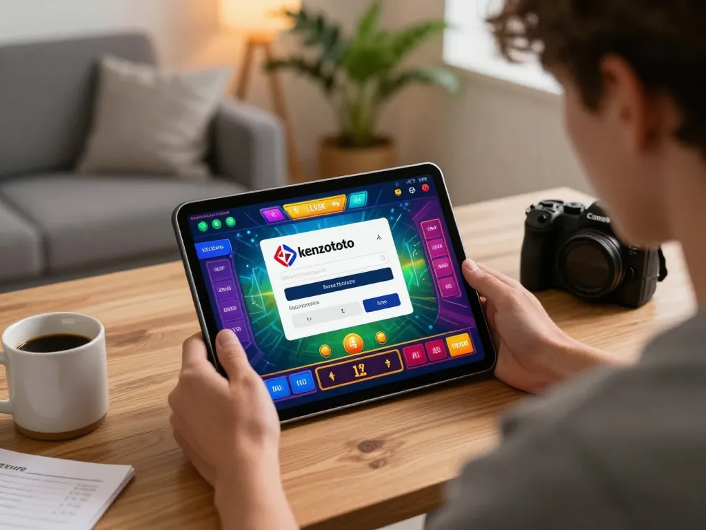 Pemain judi online yang antusias menggunakan kenzototo login di tablet, menampilkan antarmuka permainan yang menarik.