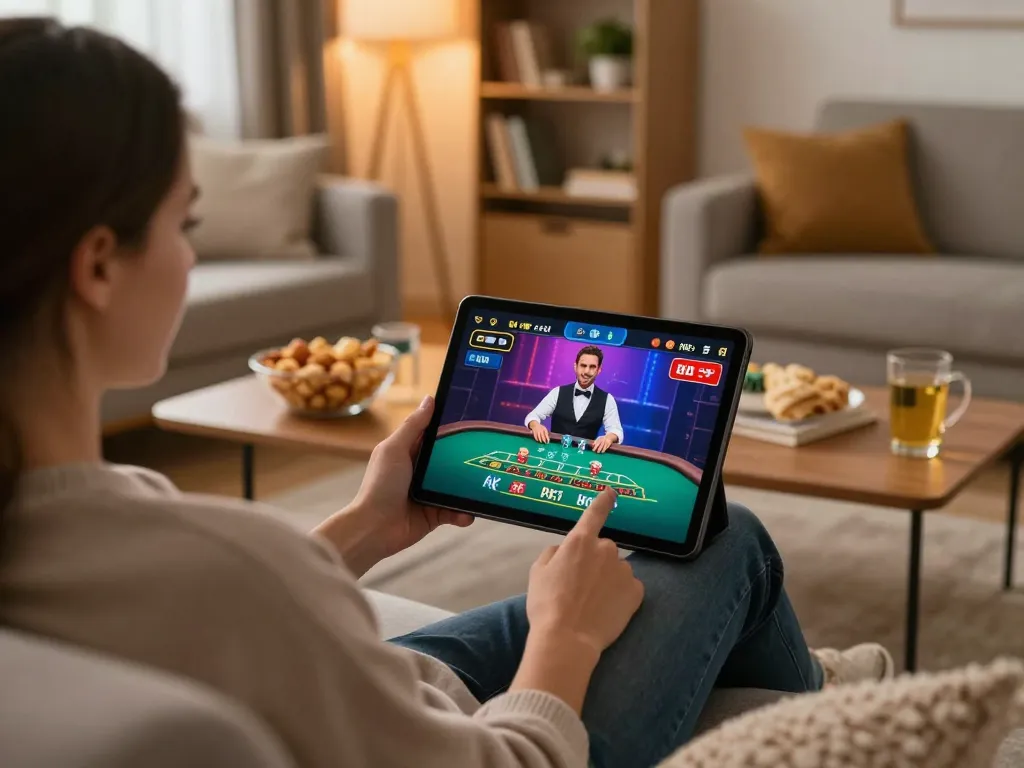 Player engaging with ok365 online blackjack on a tablet, showcasing a modern home gaming setup.