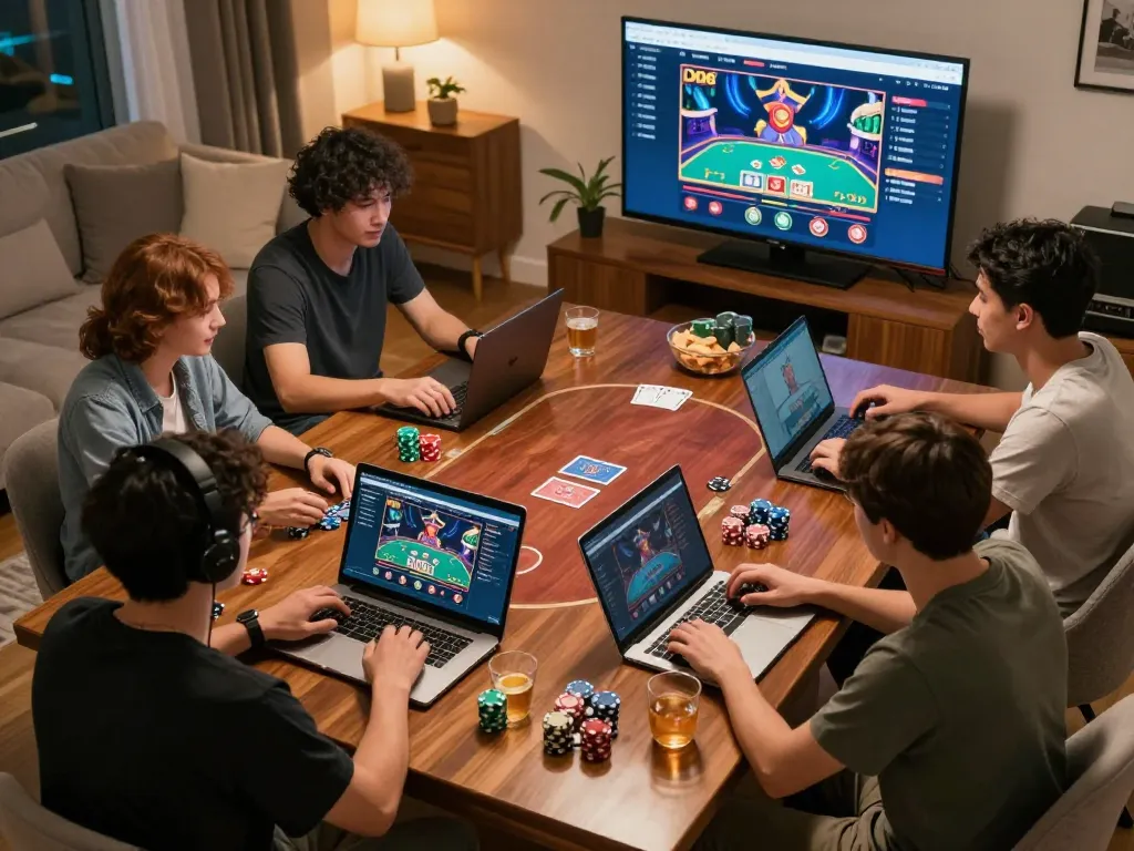 Friends engaging in a poker game at home while using the DN88 online casino platform, creating a fun atmosphere.