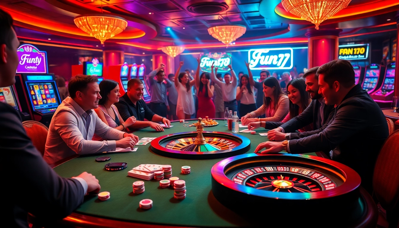 High-energy casino scene at fun79 featuring poker chips, cards, and roulette wheel.
