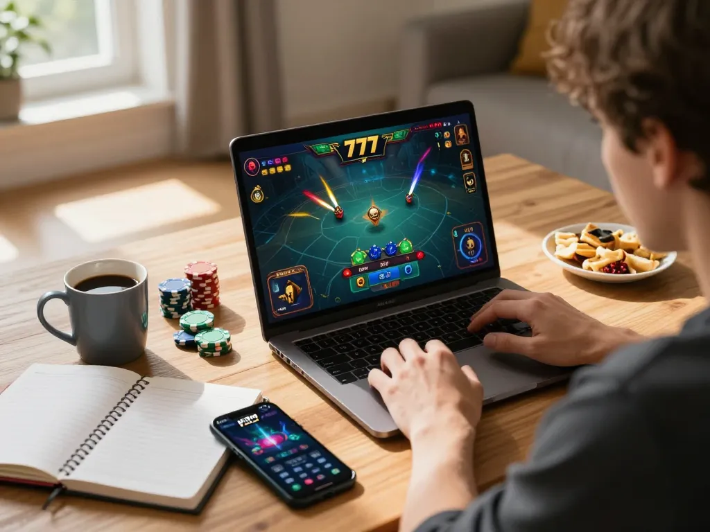 Engaged player enjoying iwin 777 online game on a laptop in a cozy home setting.