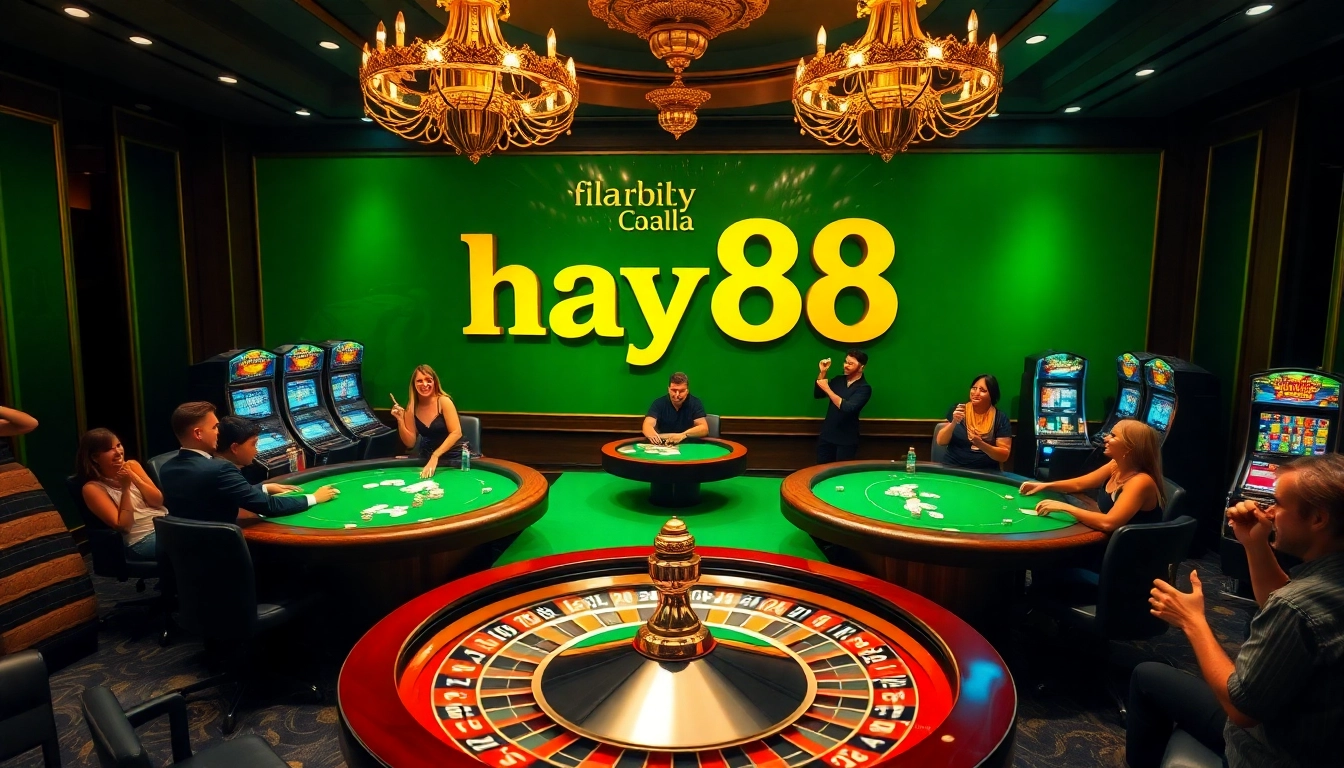Players engaging in exciting games at hay88 casino, with chips and roulette wheel.