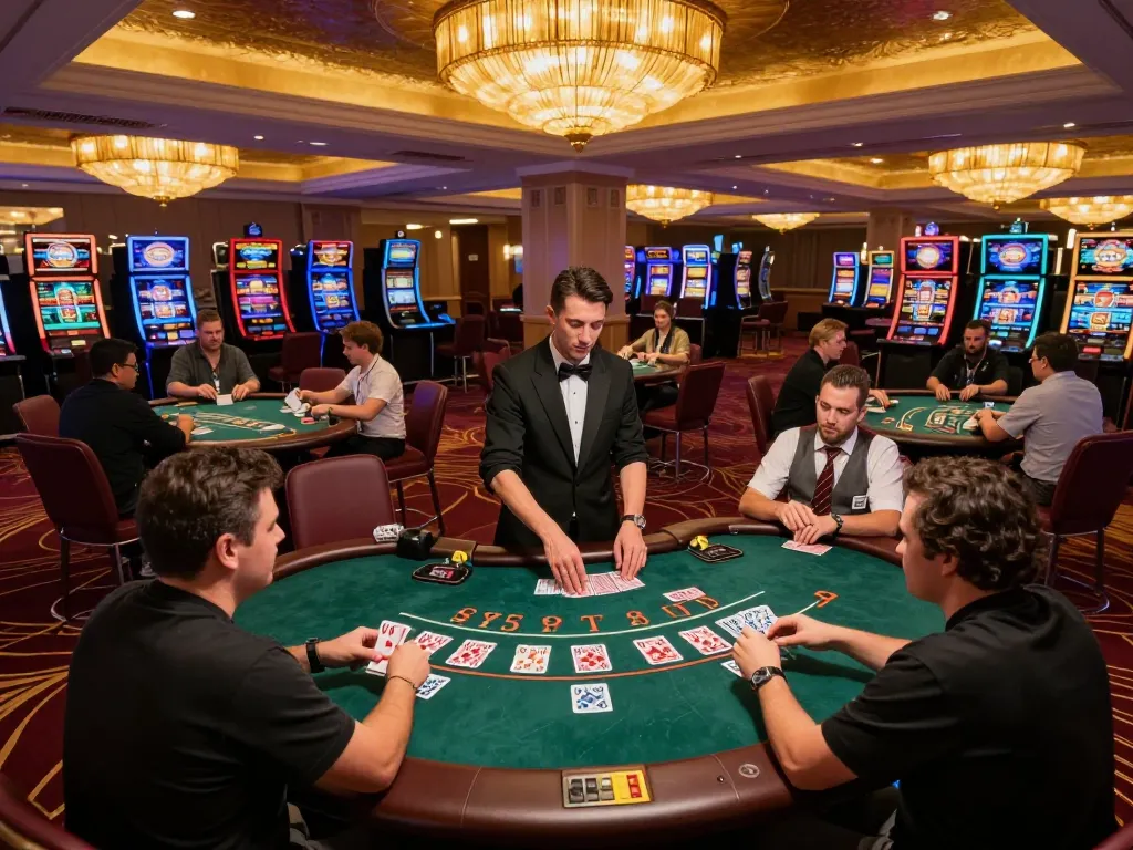 Pemain terlibat dalam permainan blackjack strategis di lantai kasino, menjelajahi pilihan menarik dengan cukup adrenalin.