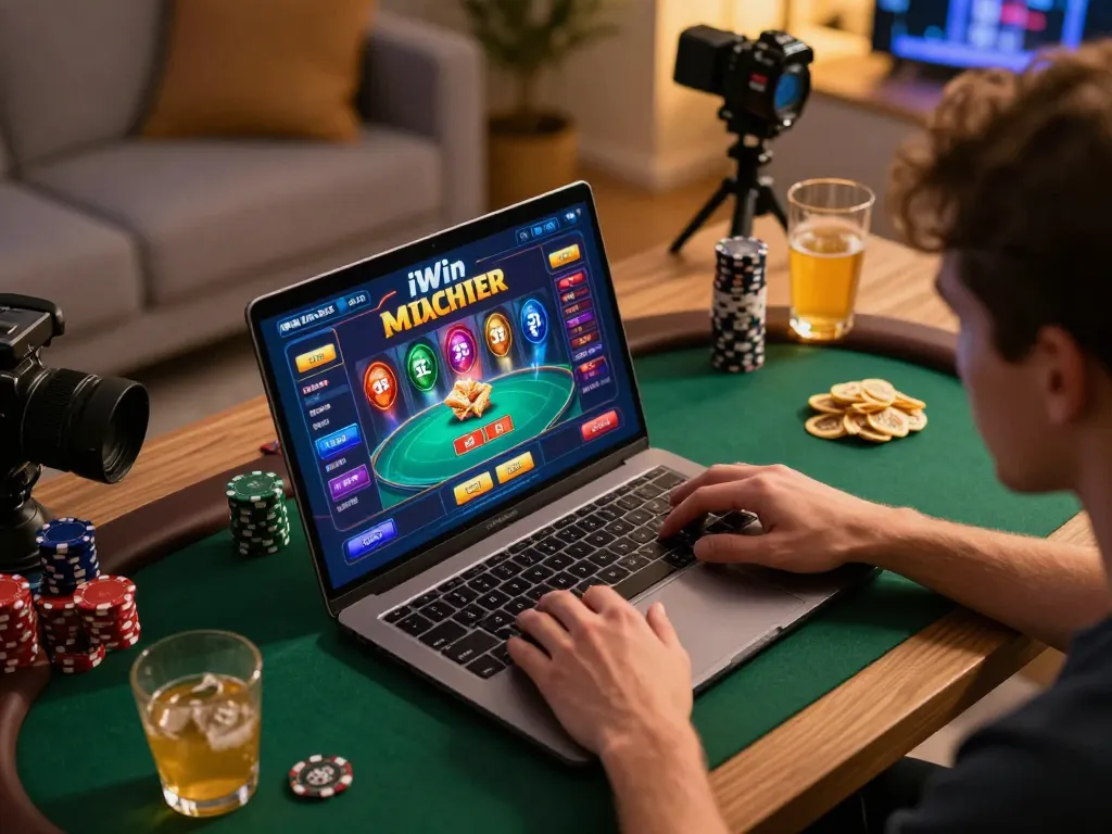 Player enjoying an iWin online poker game on a laptop in a cozy home setting.