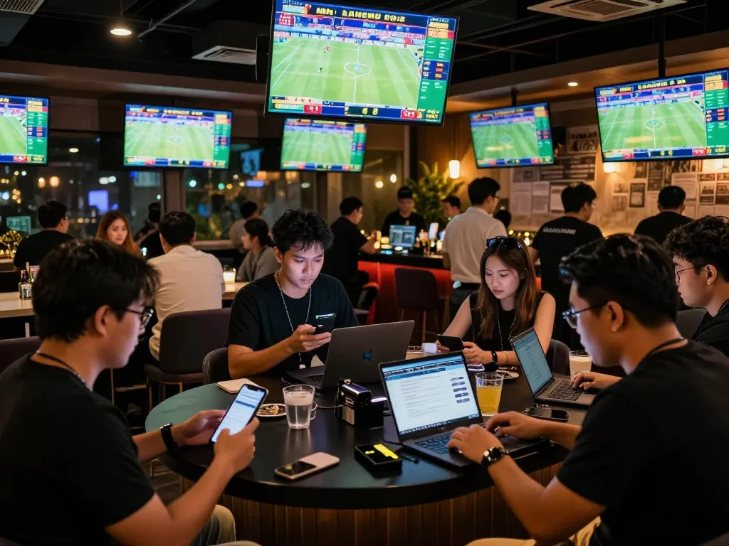 Engaged bettors analyzing stats and odds for keonhacai sports betting in a lively bar setting.