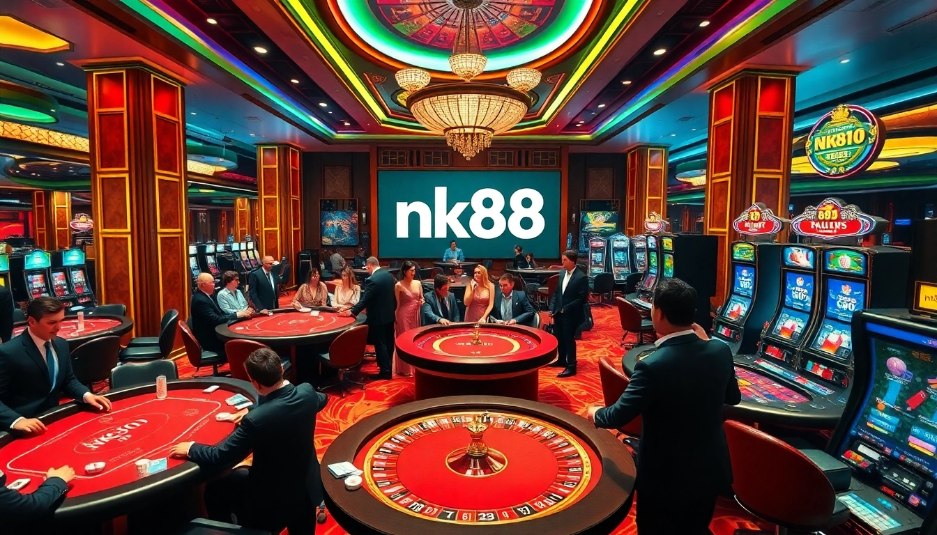 nk88 players enjoying a thrilling moment at the casino tables, celebrating wins with poker chips.