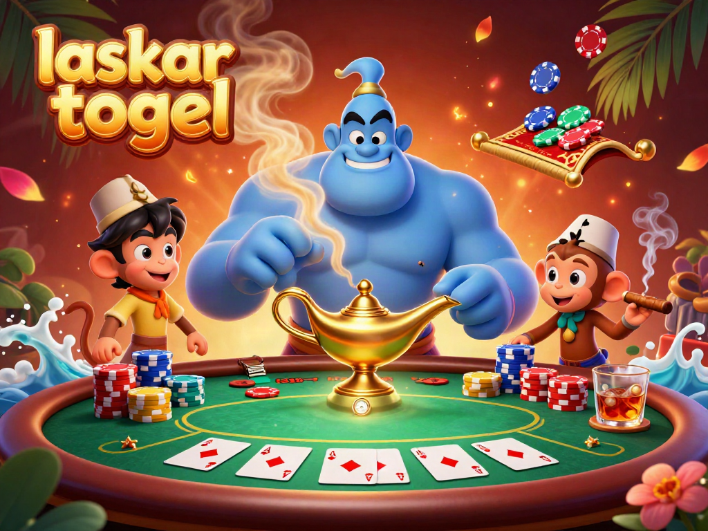 Engage in laskar togel gaming with vibrant 3D illustration featuring a genie, poker elements, and magical decor.